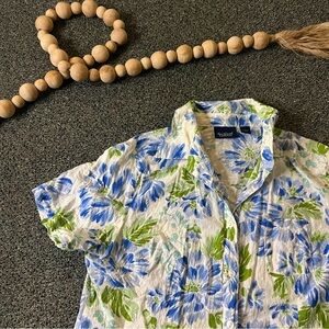 Blue & Green Floral 100% Cotton Short-Sleeve Button Down Lightweight Shirt Sz S
